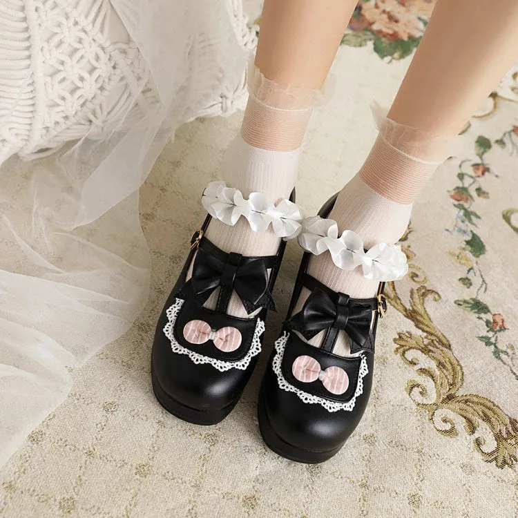 Women's Flower Bowtie Chunky Heel Platform Pumps