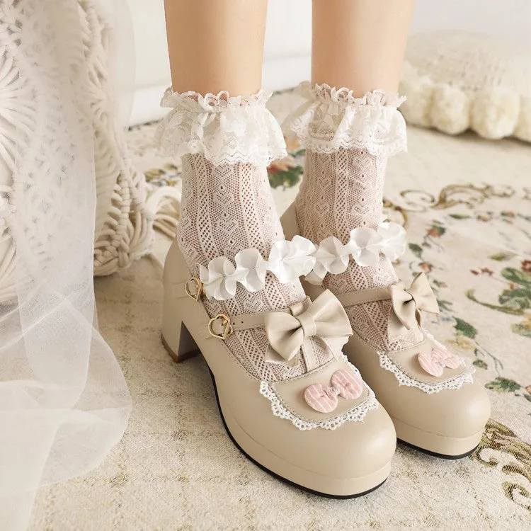 Women's Flower Bowtie Chunky Heel Platform Pumps