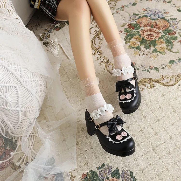 Women's Flower Bowtie Chunky Heel Platform Pumps