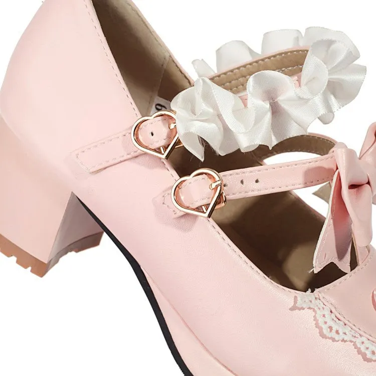 Women's Flower Bowtie Chunky Heel Platform Pumps