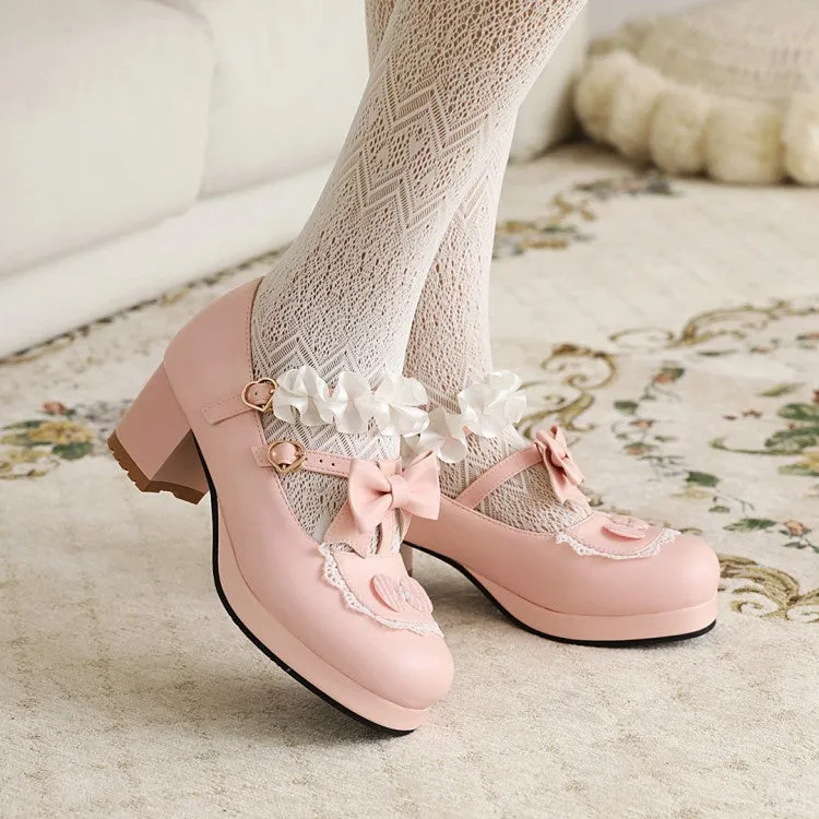 Women's Flower Bowtie Chunky Heel Platform Pumps
