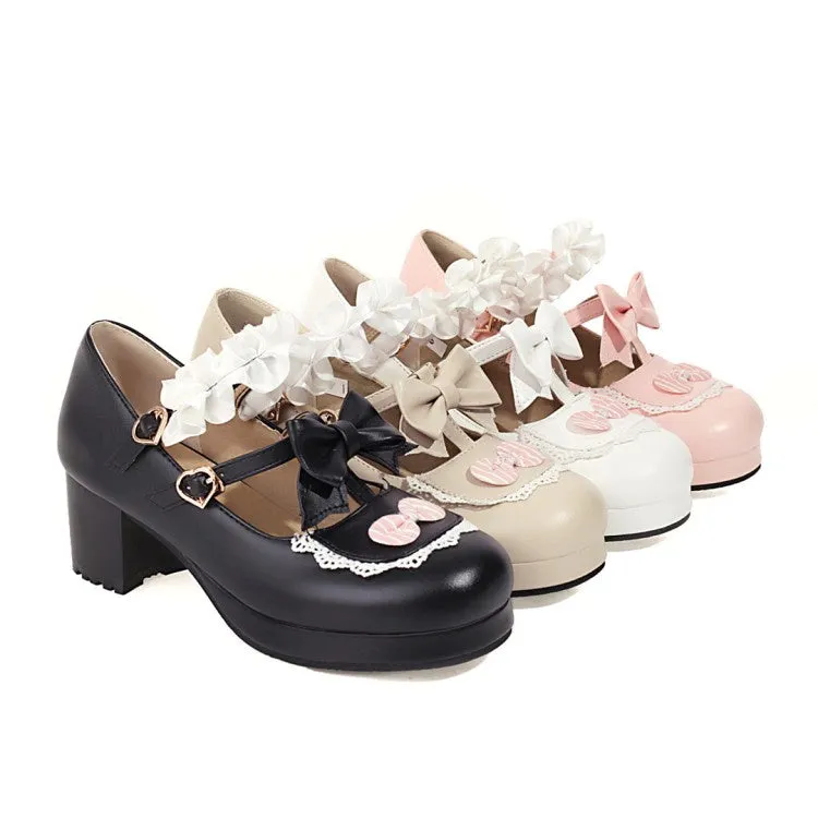 Women's Flower Bowtie Chunky Heel Platform Pumps