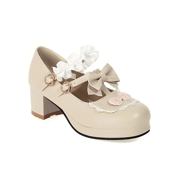 Women's Flower Bowtie Chunky Heel Platform Pumps