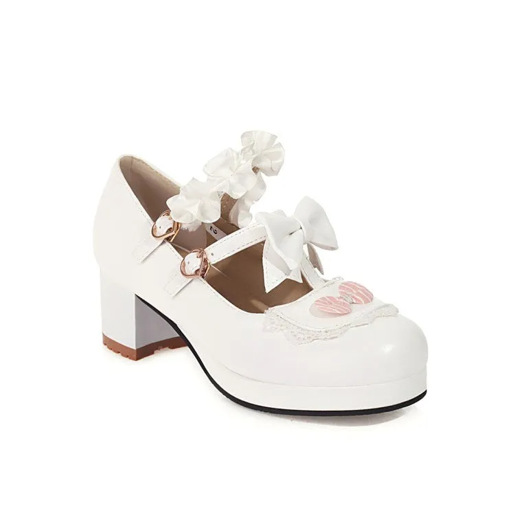 Women's Flower Bowtie Chunky Heel Platform Pumps