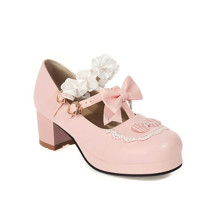 Women's Flower Bowtie Chunky Heel Platform Pumps