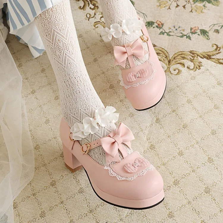 Women's Flower Bowtie Chunky Heel Platform Pumps