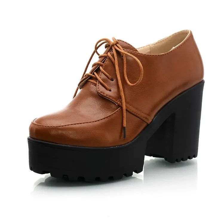 Women's Lace Up Platform Chunky High Heels Shoes