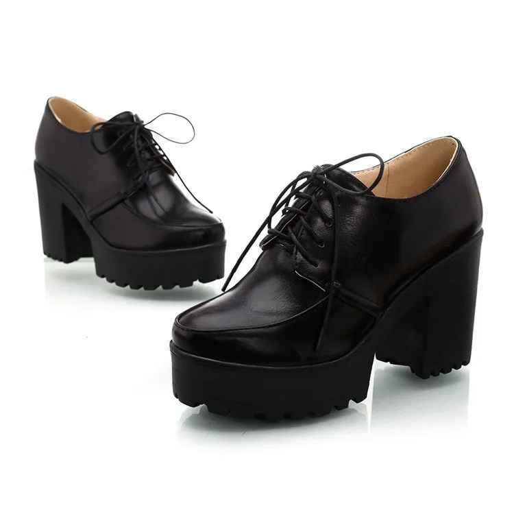 Women's Lace Up Platform Chunky High Heels Shoes