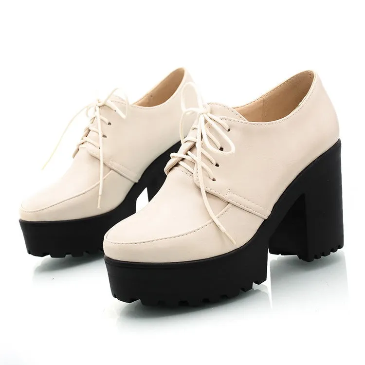 Women's Lace Up Platform Chunky High Heels Shoes