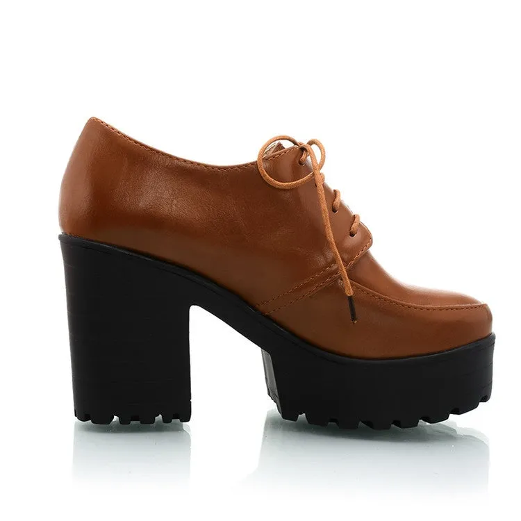 Women's Lace Up Platform Chunky High Heels Shoes