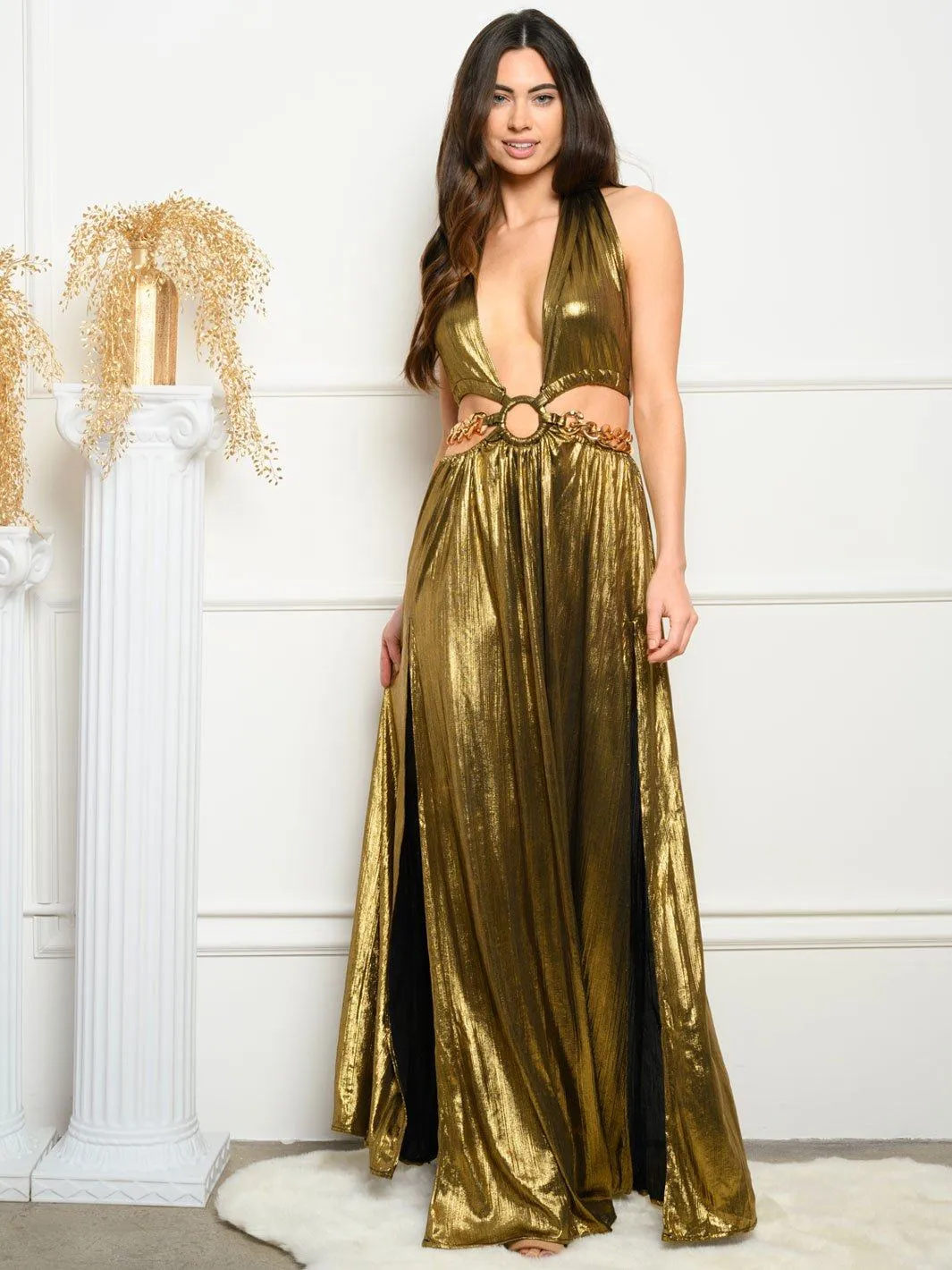 WOMEN'S METALLIC CHUNKY CHAIN MAXI DRESS