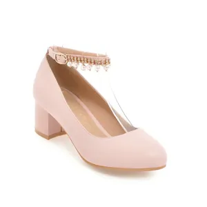 Women's Pearl Ankle Strap Pumps Chunky Heeled Shoes