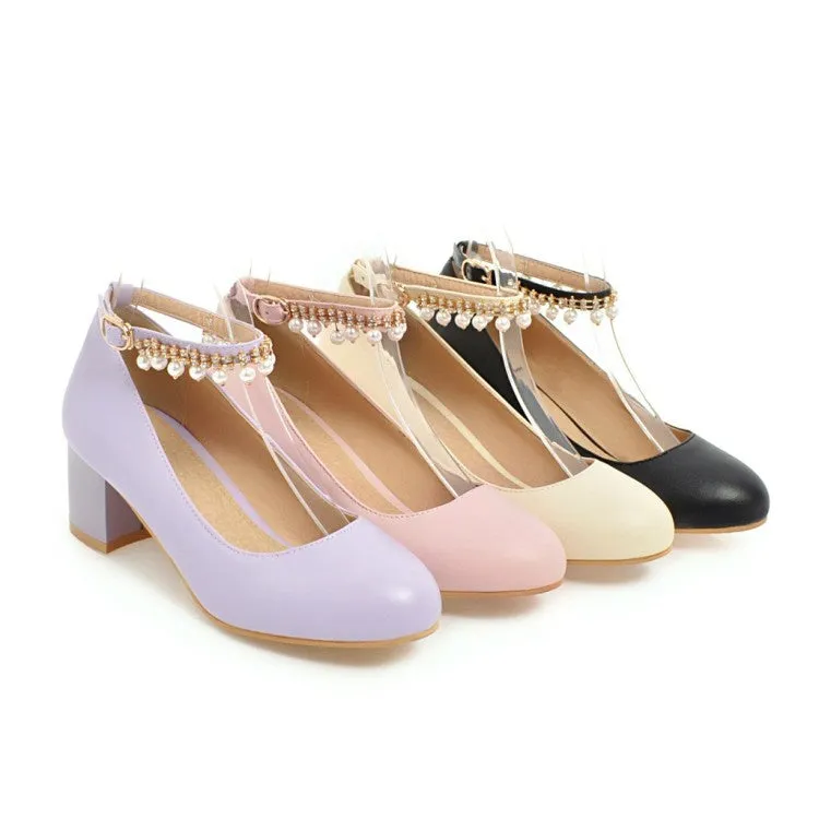 Women's Pearl Ankle Strap Pumps Chunky Heeled Shoes