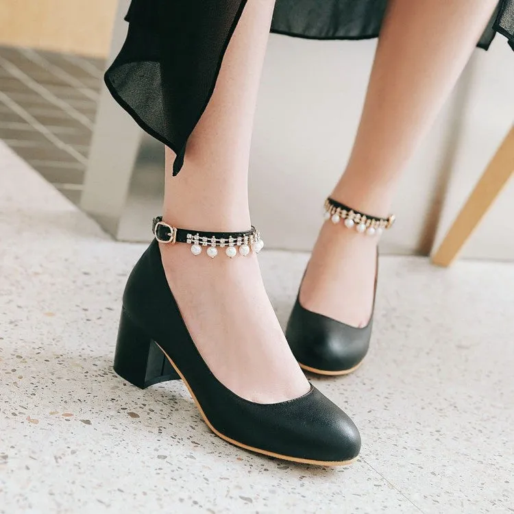Women's Pearl Ankle Strap Pumps Chunky Heeled Shoes