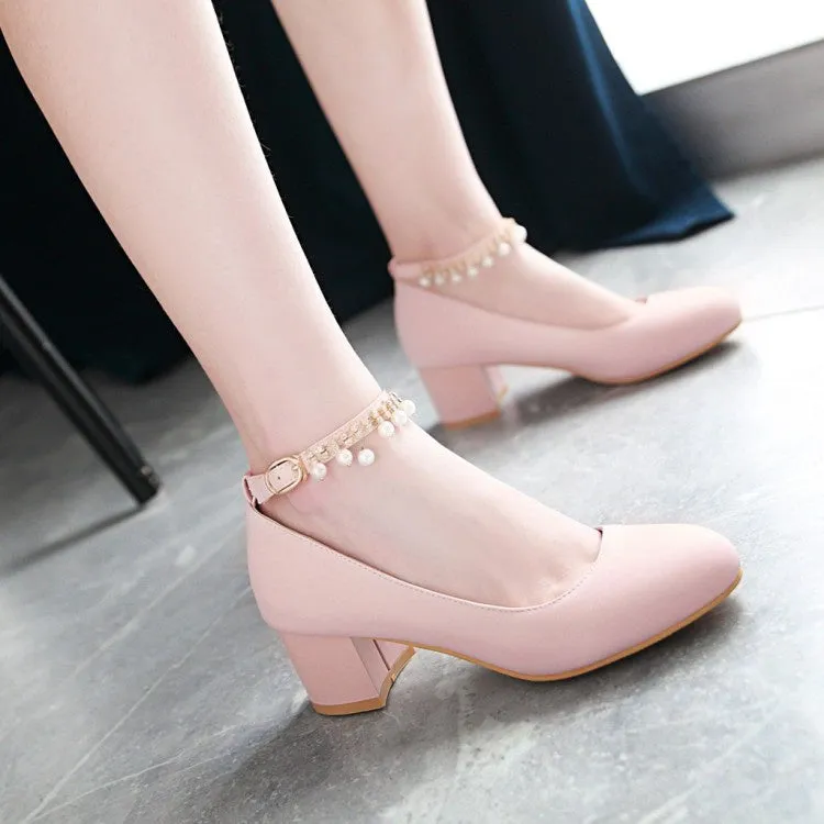 Women's Pearl Ankle Strap Pumps Chunky Heeled Shoes
