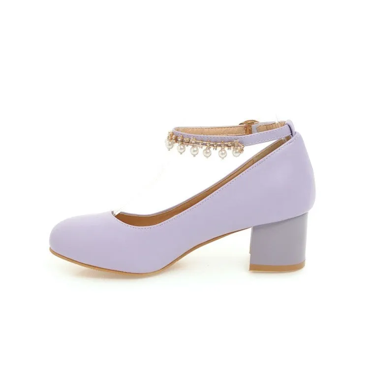 Women's Pearl Ankle Strap Pumps Chunky Heeled Shoes
