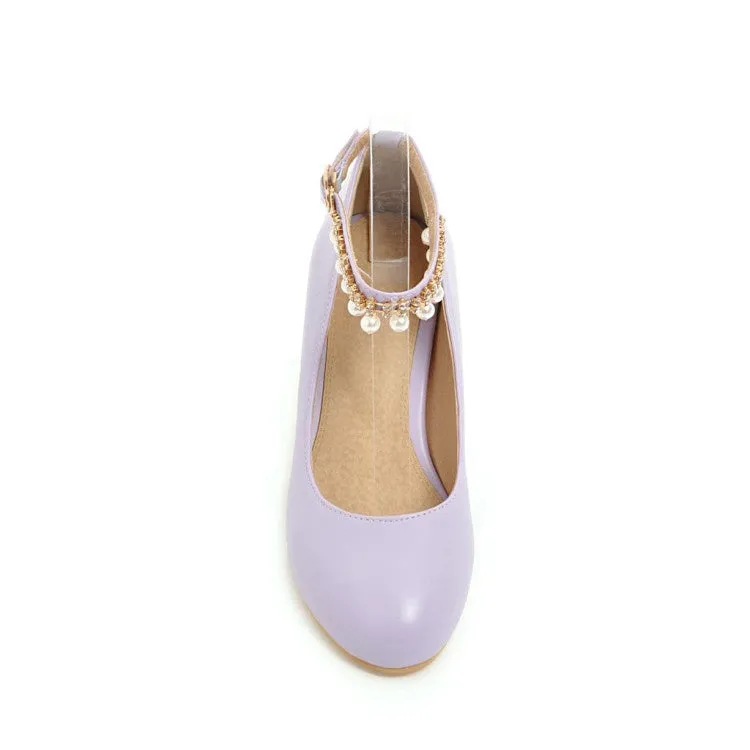 Women's Pearl Ankle Strap Pumps Chunky Heeled Shoes