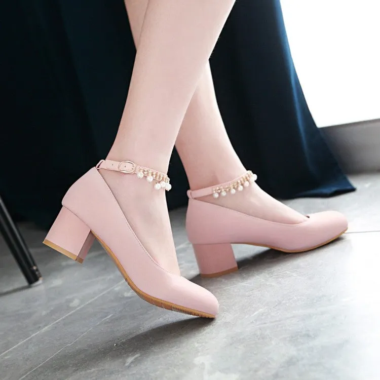 Women's Pearl Ankle Strap Pumps Chunky Heeled Shoes