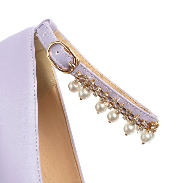 Women's Pearl Ankle Strap Pumps Chunky Heeled Shoes