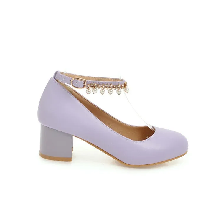 Women's Pearl Ankle Strap Pumps Chunky Heeled Shoes