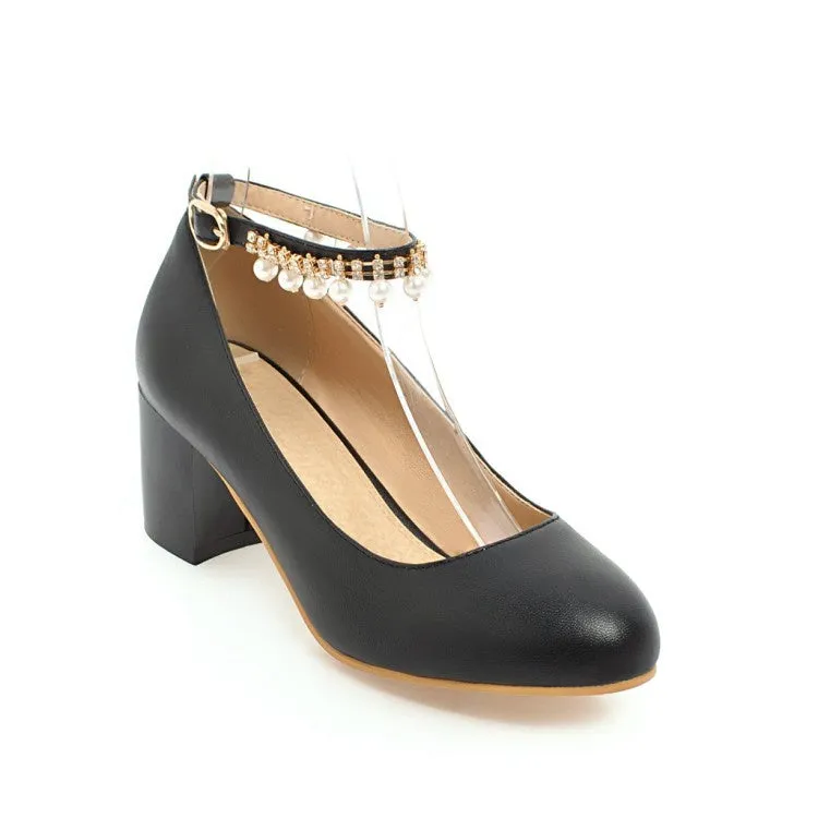 Women's Pearl Ankle Strap Pumps Chunky Heeled Shoes