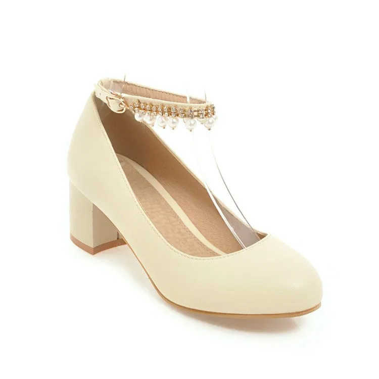 Women's Pearl Ankle Strap Pumps Chunky Heeled Shoes