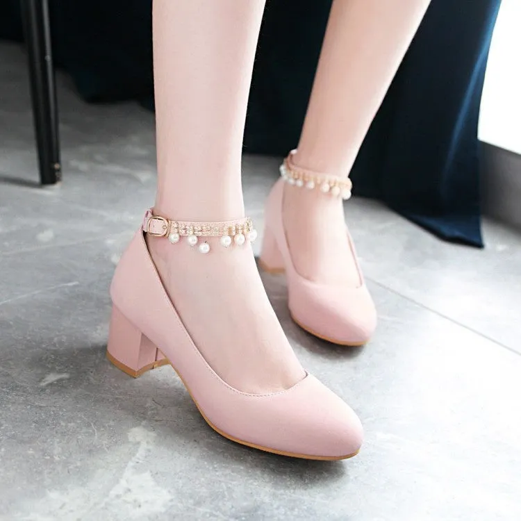 Women's Pearl Ankle Strap Pumps Chunky Heeled Shoes