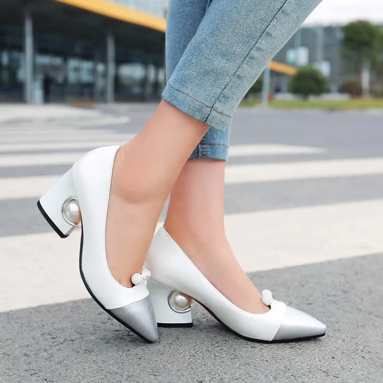 Women's Pearl High Heeled Chunky Heels Pumps