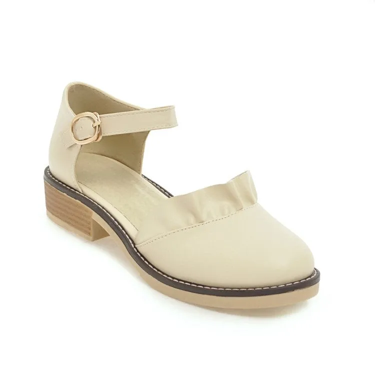 Women's Pleated Ruffles Round Toe Ankle Strap Block Heel Sandals