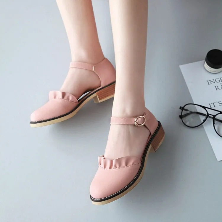 Women's Pleated Ruffles Round Toe Ankle Strap Block Heel Sandals