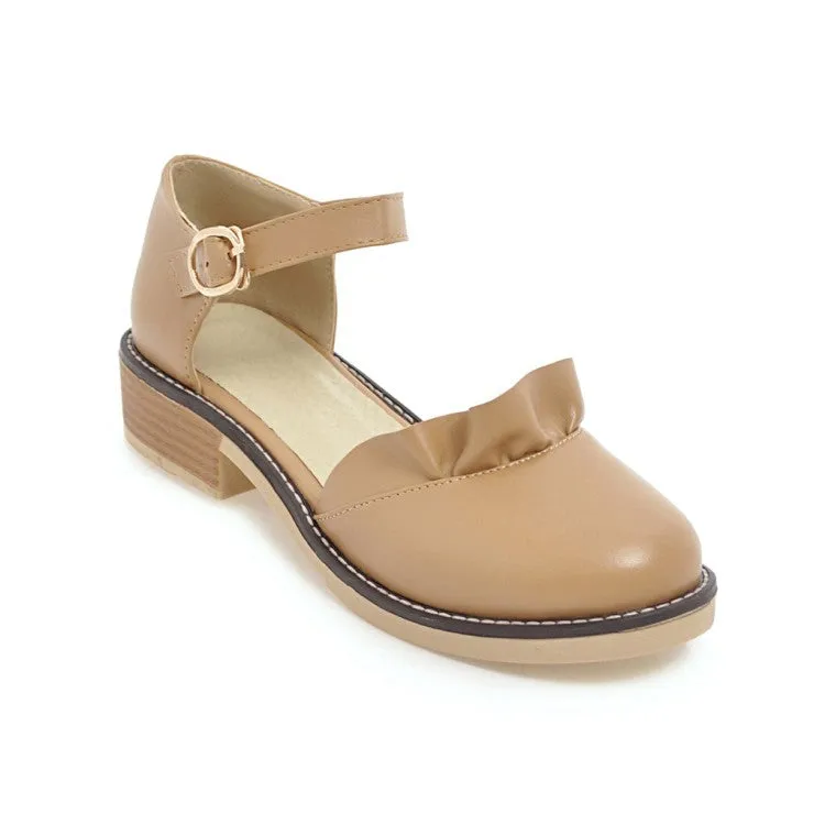 Women's Pleated Ruffles Round Toe Ankle Strap Block Heel Sandals