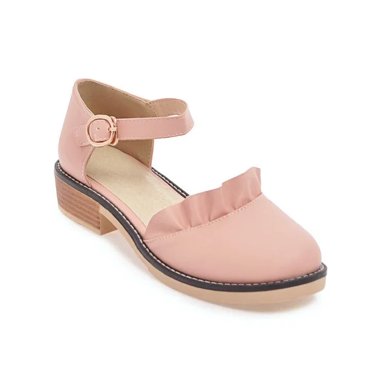 Women's Pleated Ruffles Round Toe Ankle Strap Block Heel Sandals