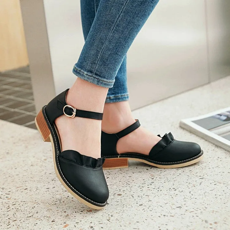 Women's Pleated Ruffles Round Toe Ankle Strap Block Heel Sandals