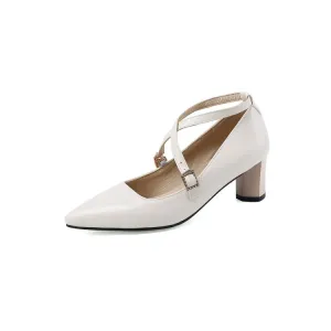 Women's Pointed Toe Buckle High Heel Chunky Pumps