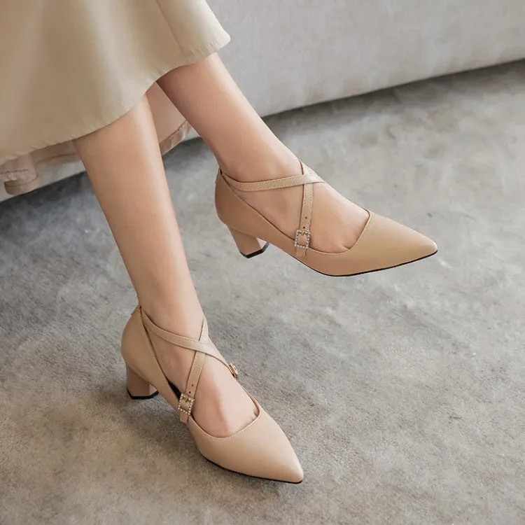 Women's Pointed Toe Buckle High Heel Chunky Pumps