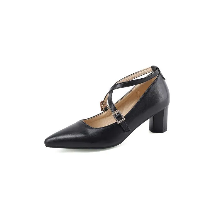 Women's Pointed Toe Buckle High Heel Chunky Pumps