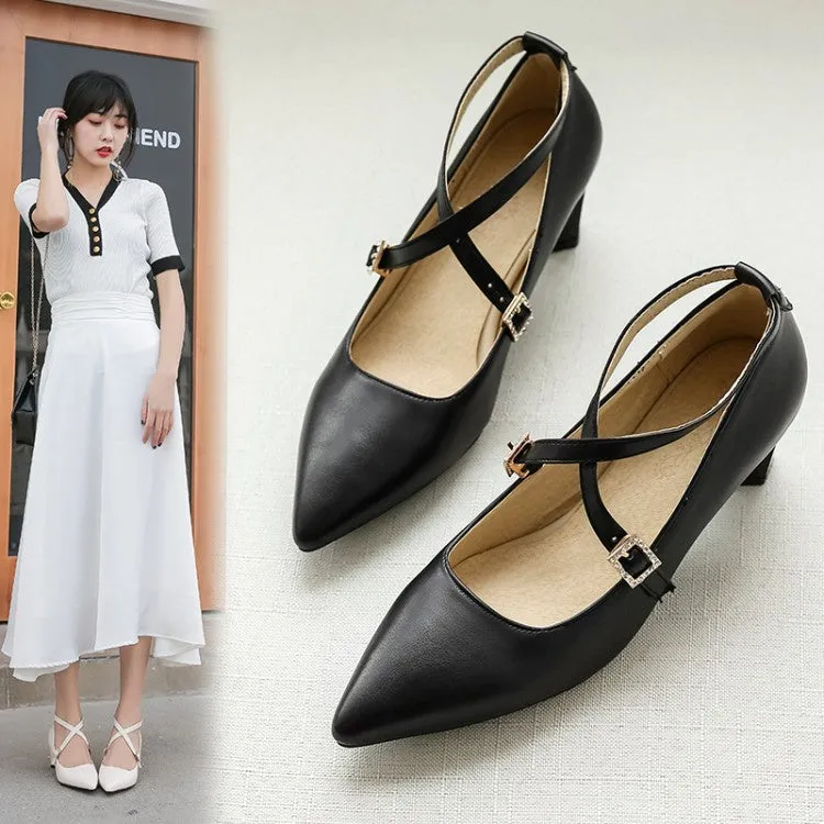 Women's Pointed Toe Buckle High Heel Chunky Pumps
