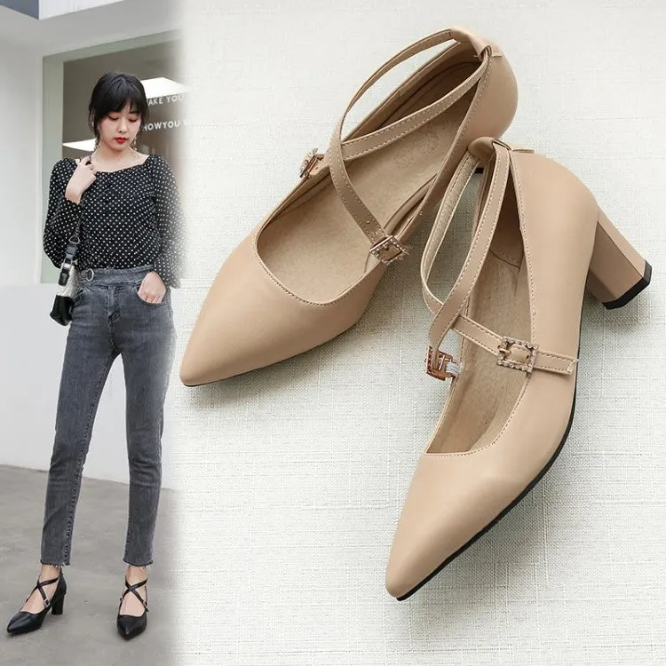 Women's Pointed Toe Buckle High Heel Chunky Pumps