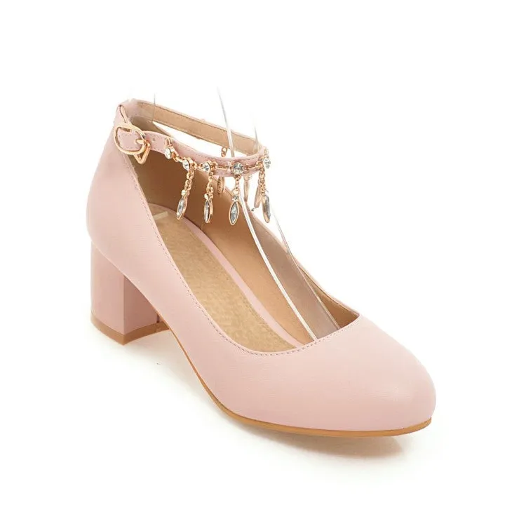 Women's Rhinestone Ankle Strap Pumps Chunky Heeled Shoes