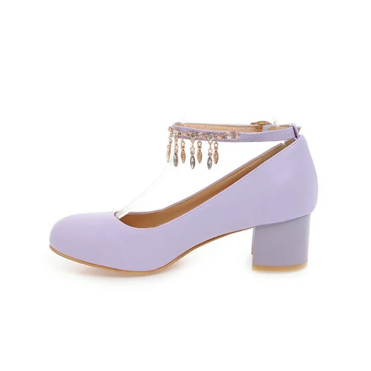 Women's Rhinestone Ankle Strap Pumps Chunky Heeled Shoes