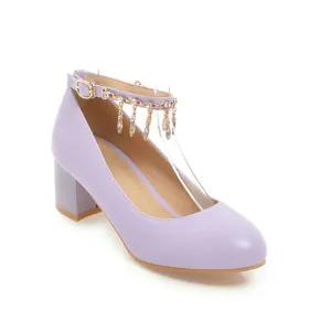 Women's Rhinestone Ankle Strap Pumps Chunky Heeled Shoes