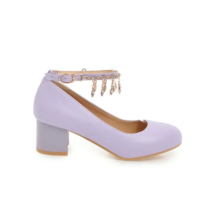 Women's Rhinestone Ankle Strap Pumps Chunky Heeled Shoes