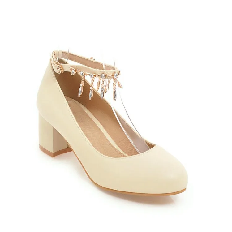 Women's Rhinestone Ankle Strap Pumps Chunky Heeled Shoes