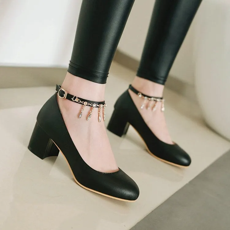 Women's Rhinestone Ankle Strap Pumps Chunky Heeled Shoes