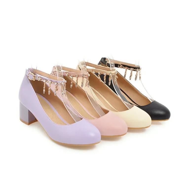 Women's Rhinestone Ankle Strap Pumps Chunky Heeled Shoes