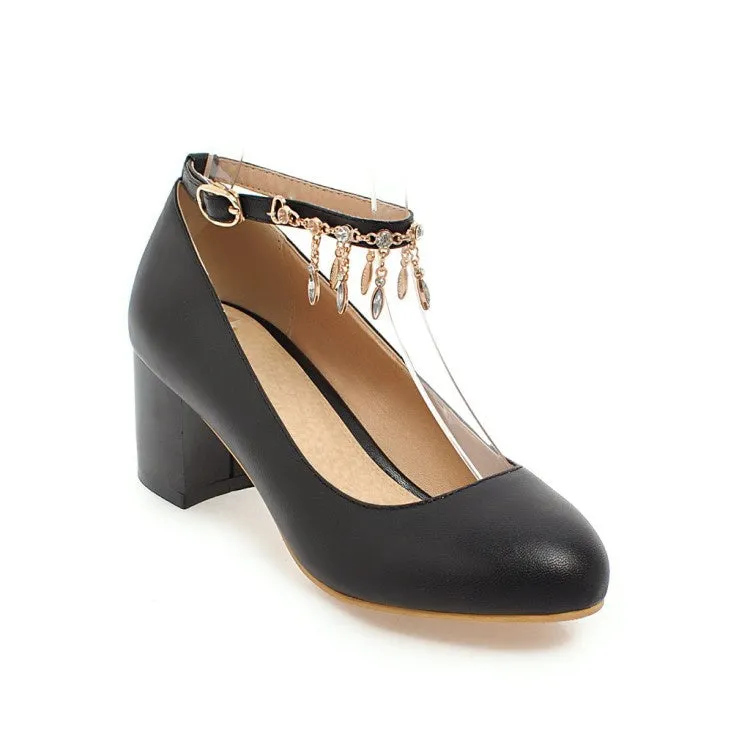 Women's Rhinestone Ankle Strap Pumps Chunky Heeled Shoes