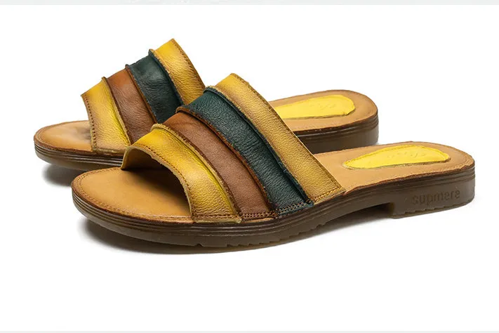 Women's Summer Retro Genuine Leather Slippers Comfortable Soft Sole Anti-Slip Sandals