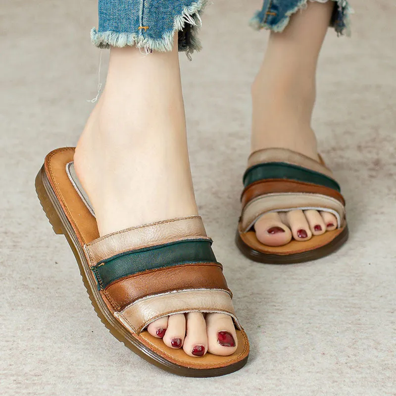Women's Summer Retro Genuine Leather Slippers Comfortable Soft Sole Anti-Slip Sandals