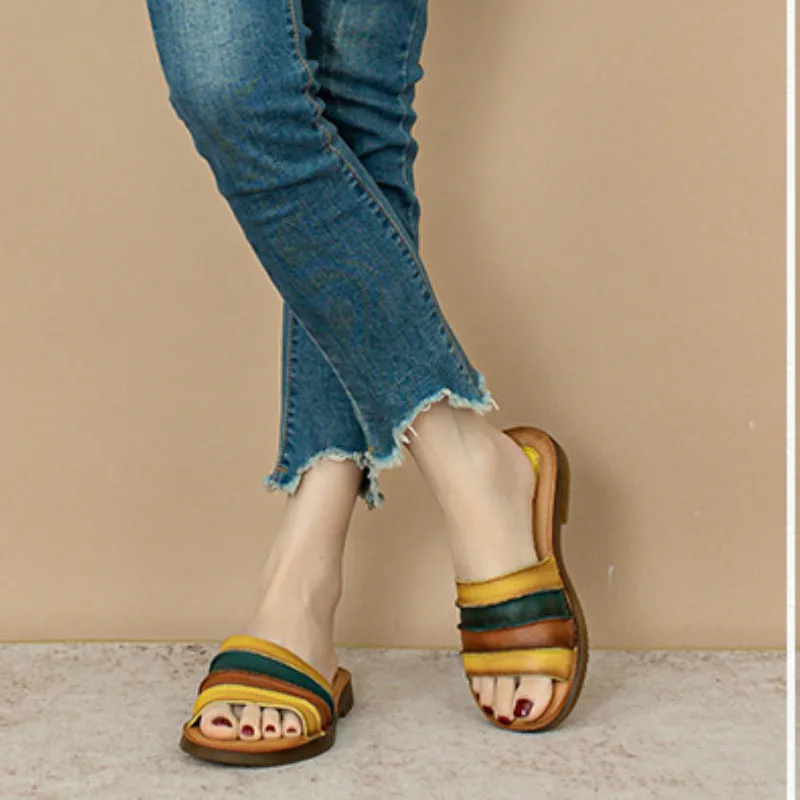 Women's Summer Retro Genuine Leather Slippers Comfortable Soft Sole Anti-Slip Sandals