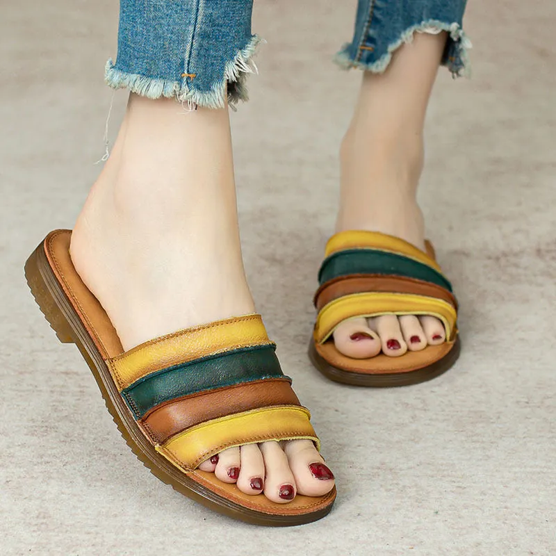 Women's Summer Retro Genuine Leather Slippers Comfortable Soft Sole Anti-Slip Sandals